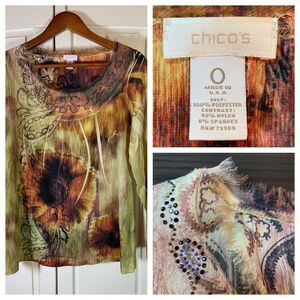 Chicos 0 Blouse Top Small Brown Floral Stretch‎ Embellished Lace Feathers Shirt